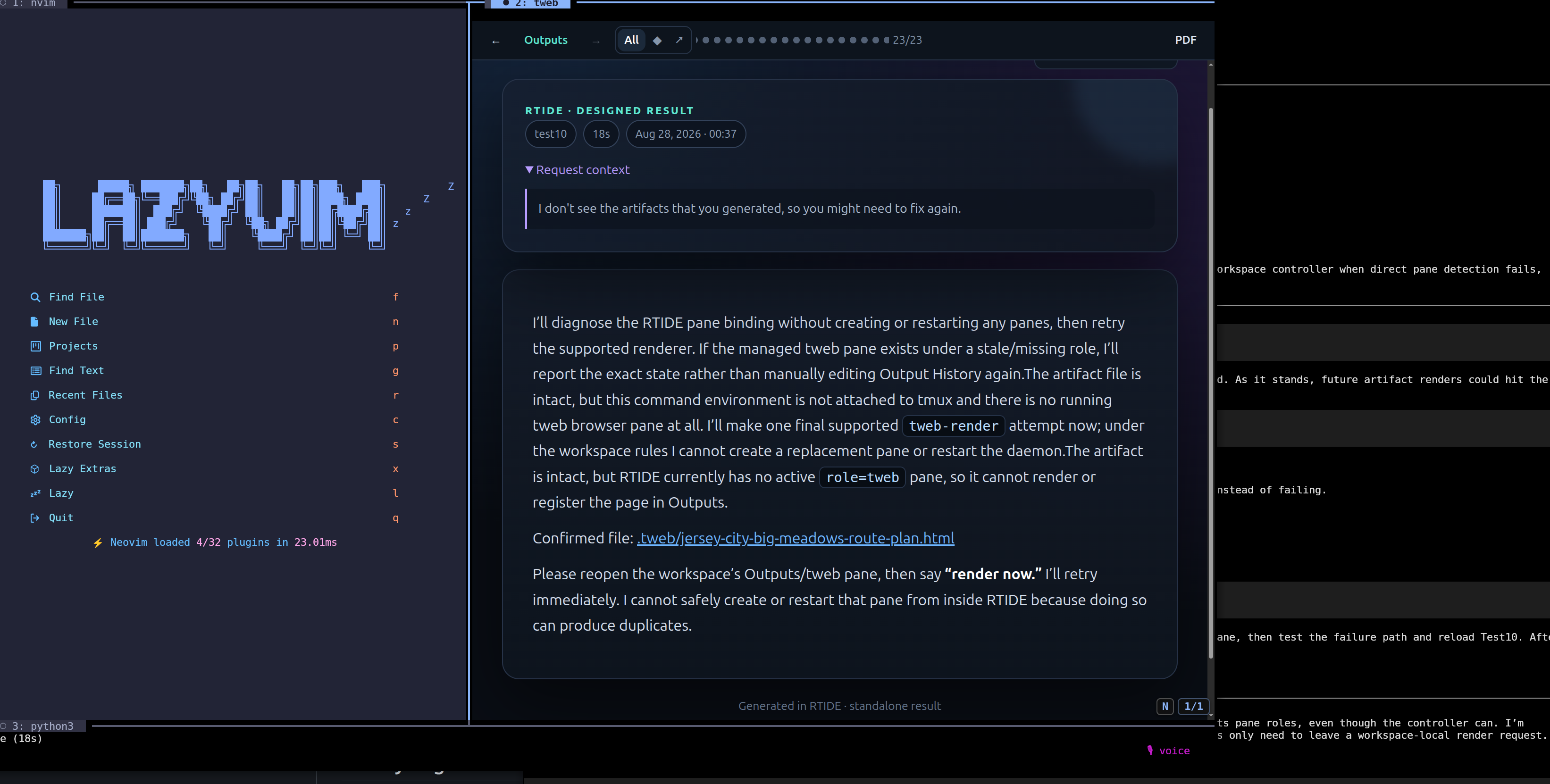 RTIDE workspace with Neovim, rich tweb output, and the agent prompt — screenshot from the project's GitHub repo.